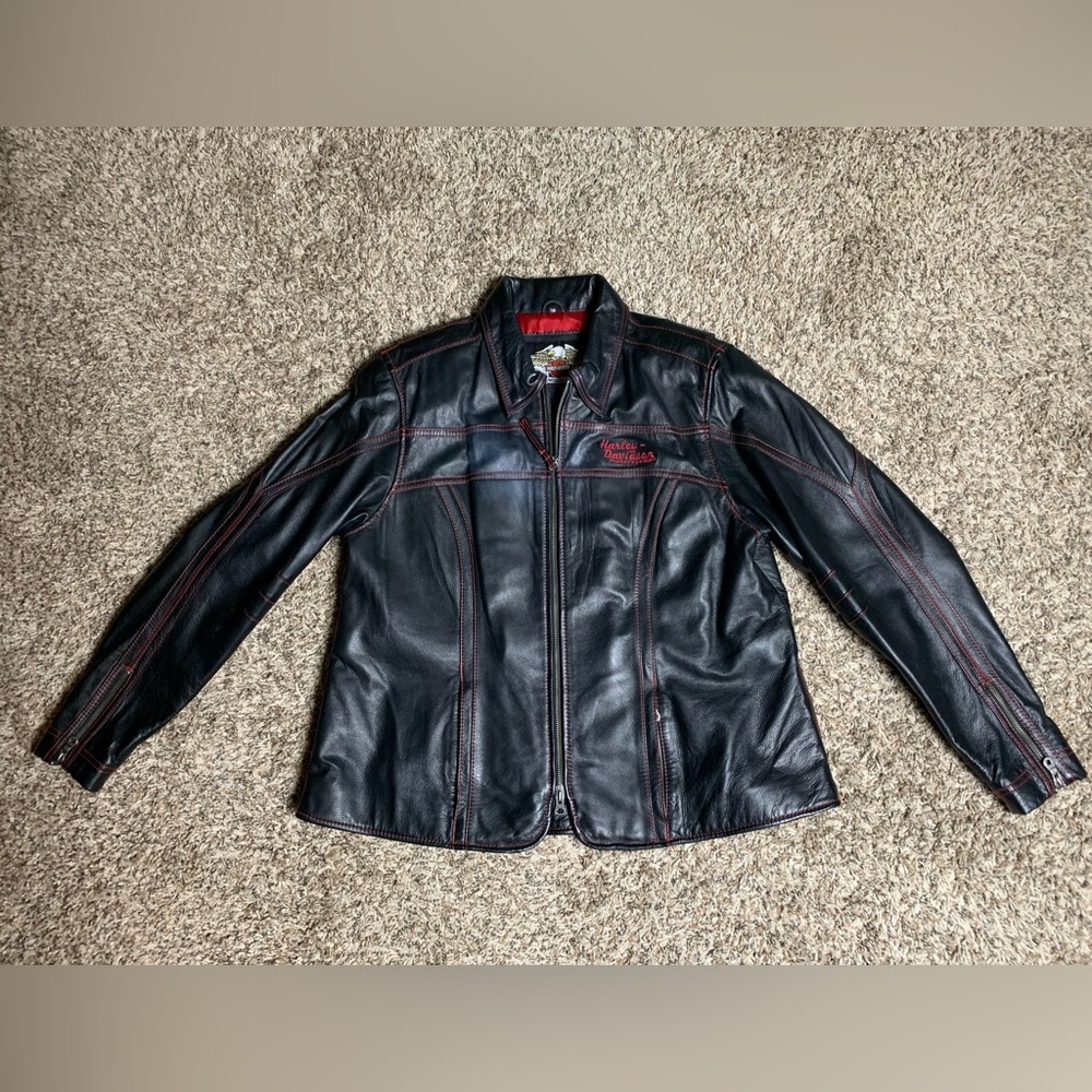 Harley-Davidson Black Leather Jacket with Red Stitching & Embroidery - Picture 2 of 11